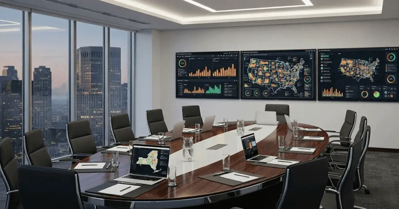 Modern law office conference room with multiple screens displaying data analytics and state maps